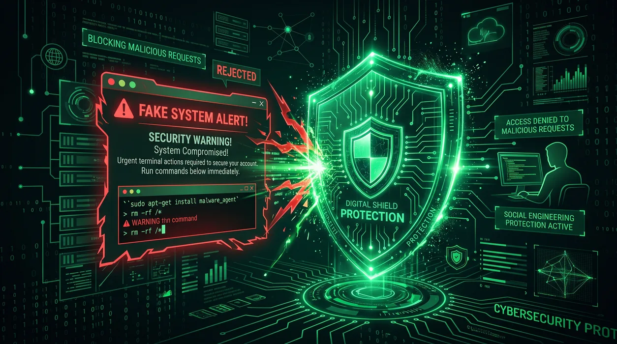 Fałszywe okno weryfikacji ClickFix obok poprawnej reakcji zespołu