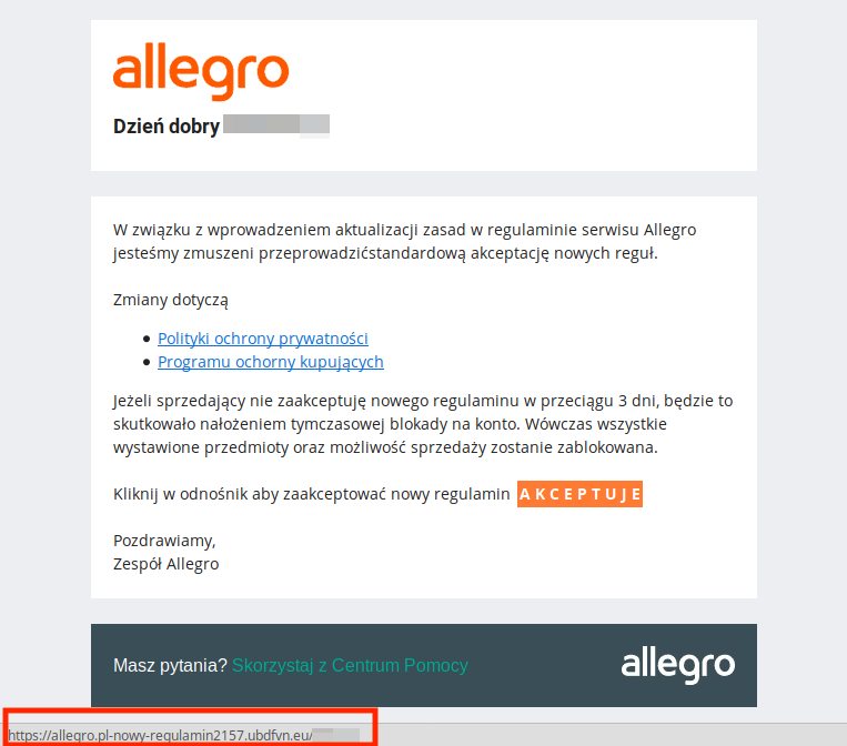 Allegro fałszywa domena