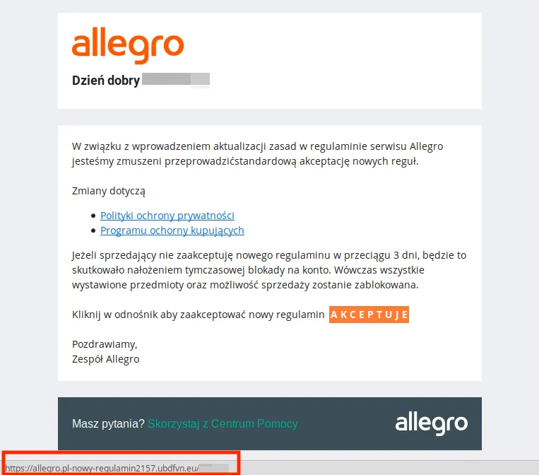Przykład domeny podszywającej się pod Allegro