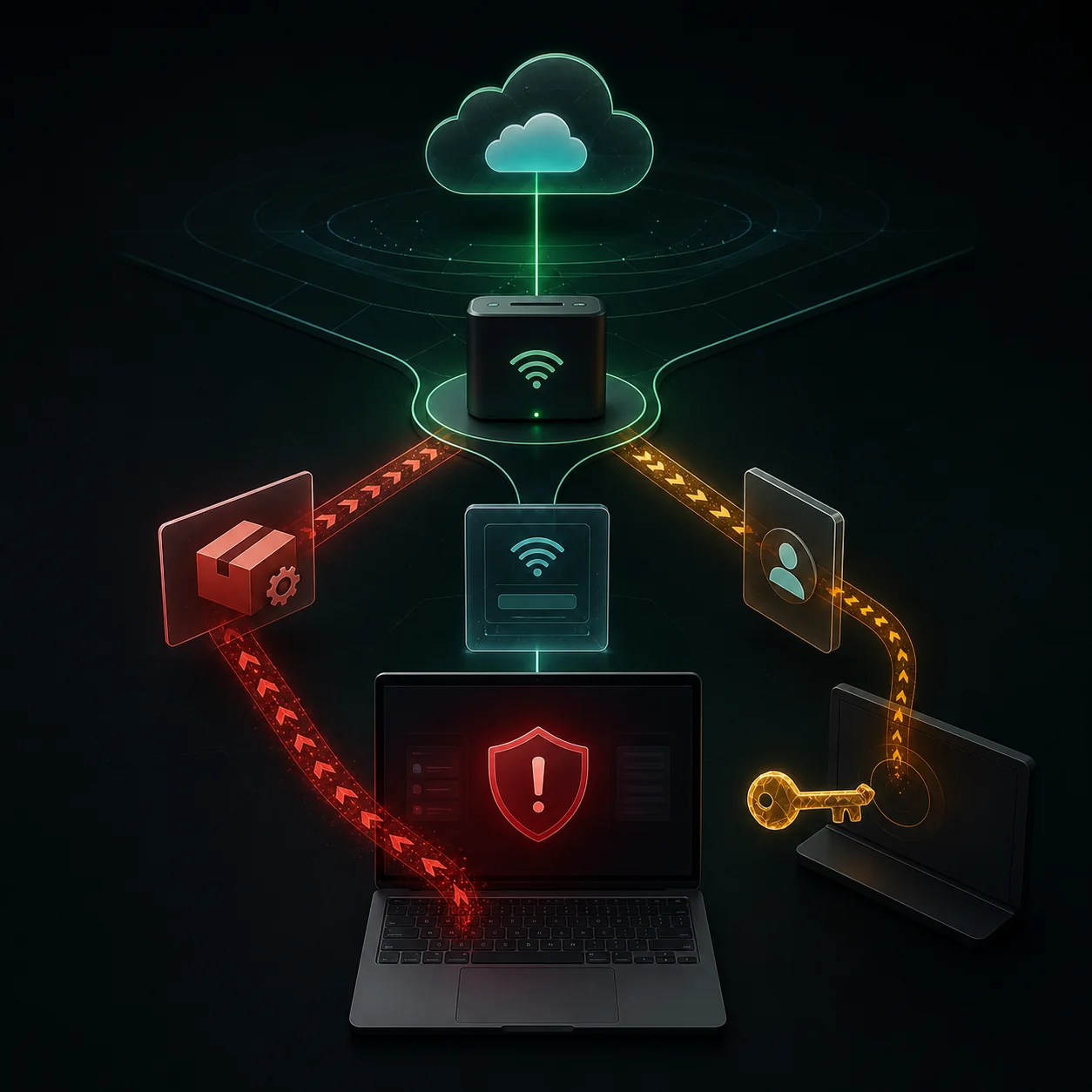 Dwie równoległe ścieżki CaptiveCrunch: dostarczenie malware do laptopa oraz przejęcie sesji Microsoft 365 przez phishing i kod urządzenia