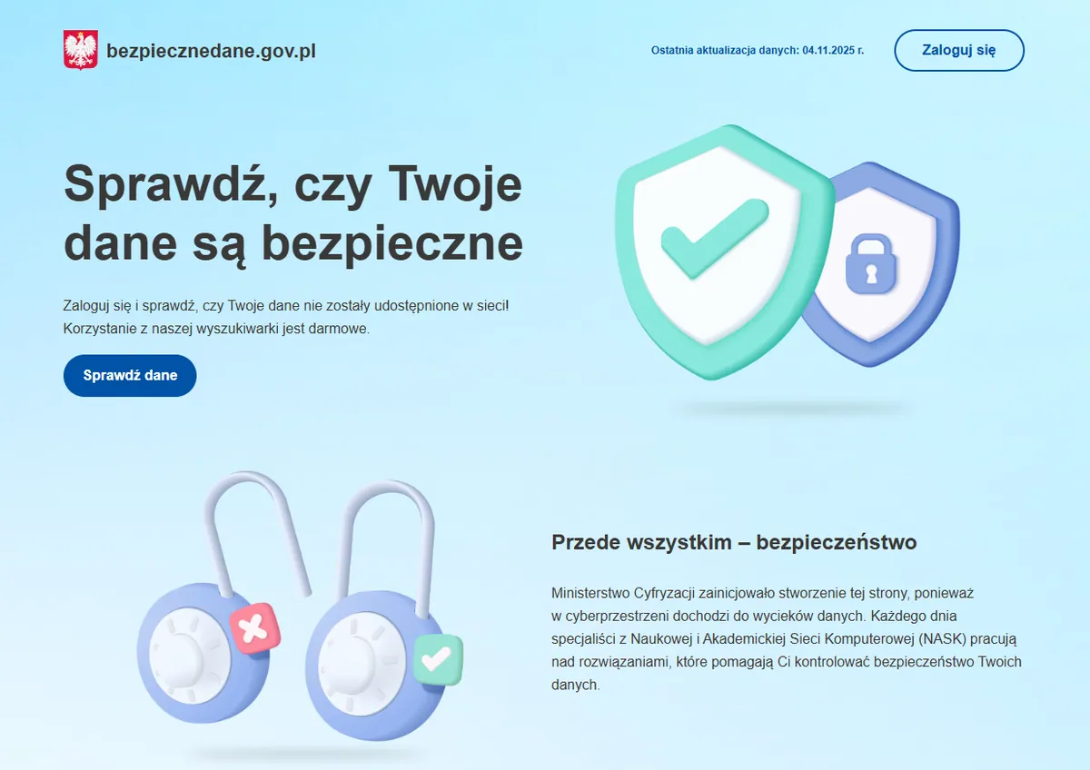 Widok serwisu Bezpieczne Dane