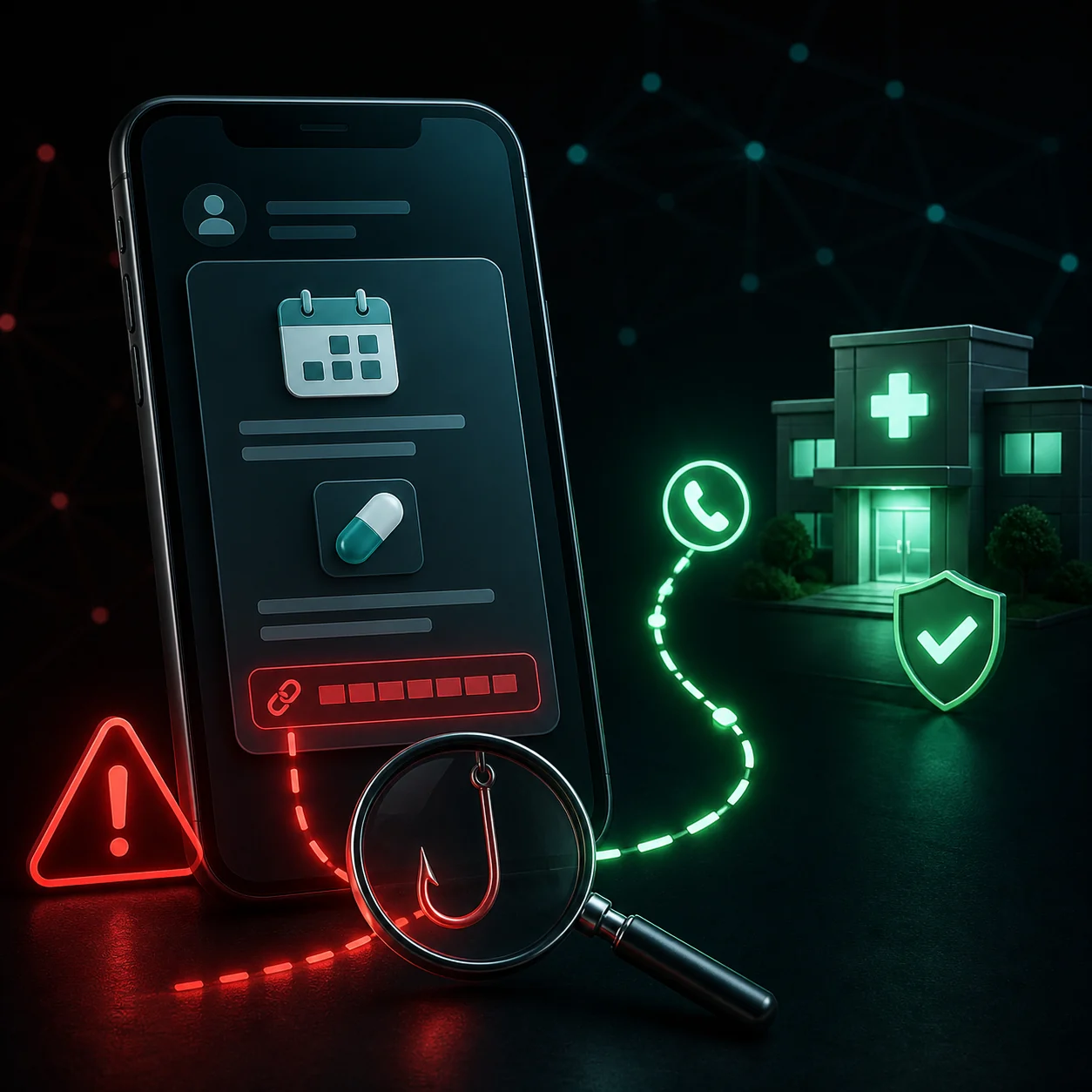 Podejrzana wiadomość medyczna z ukrytym phishingiem zestawiona z bezpieczną weryfikacją przez samodzielny telefon do placówki.